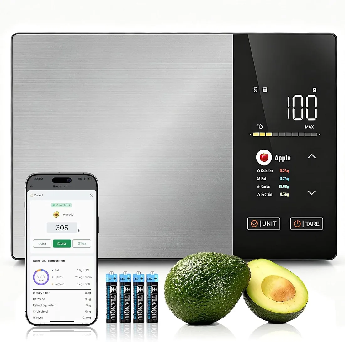 Báscula Inteligente de Cocina de Alimentos con Aplicación de Calculadora Nutricional, Báscula de Cocina Bluetooth, Función de Tara, Seguimiento de Calorías, Pantalla TFT a Color, Capacidad de 5 KG