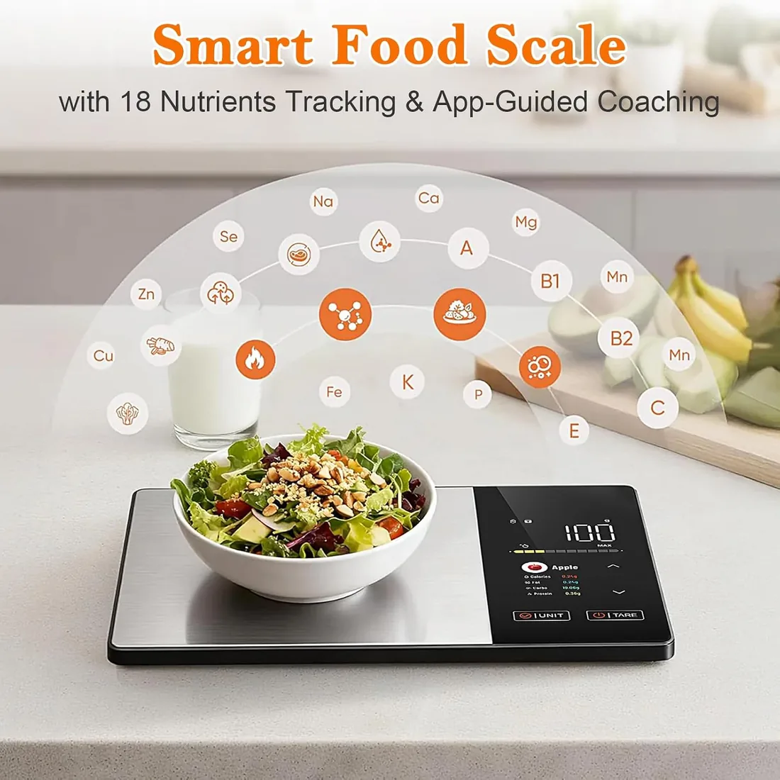 Báscula Inteligente de Cocina de Alimentos con Aplicación de Calculadora Nutricional, Báscula de Cocina Bluetooth, Función de Tara, Seguimiento de Calorías, Pantalla TFT a Color, Capacidad de 5 KG foto 2