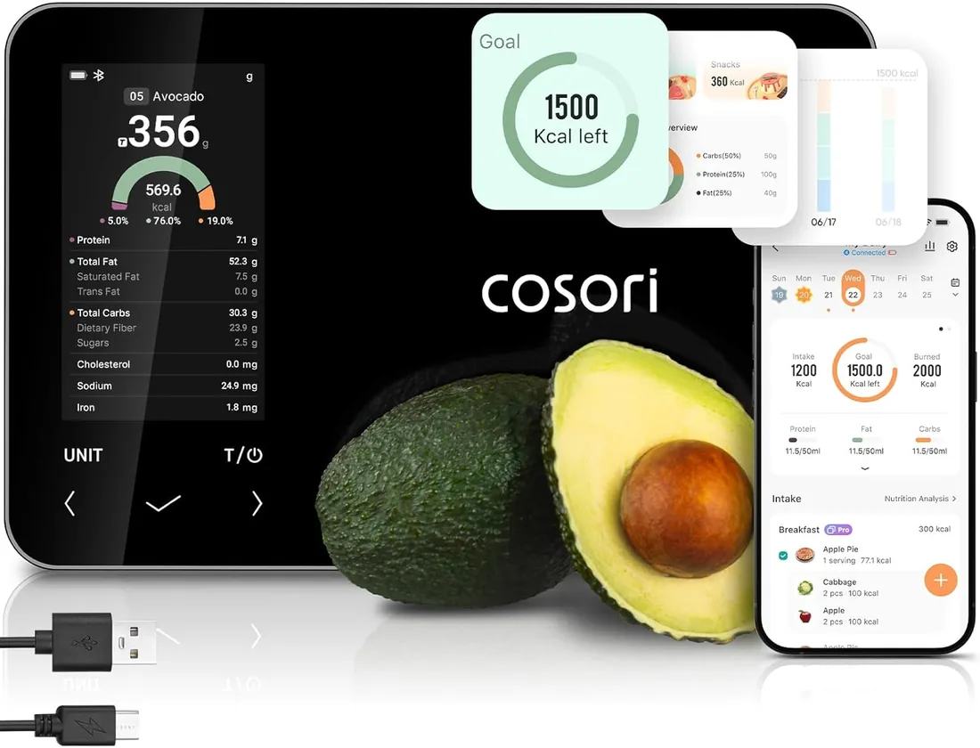 COSORI Báscula digital inteligente de cocina con calculadora nutricional, información de nutrientes en pantalla, aplicación gratuita para seguimiento de calorías y macro, escaneo de IA, objetivos