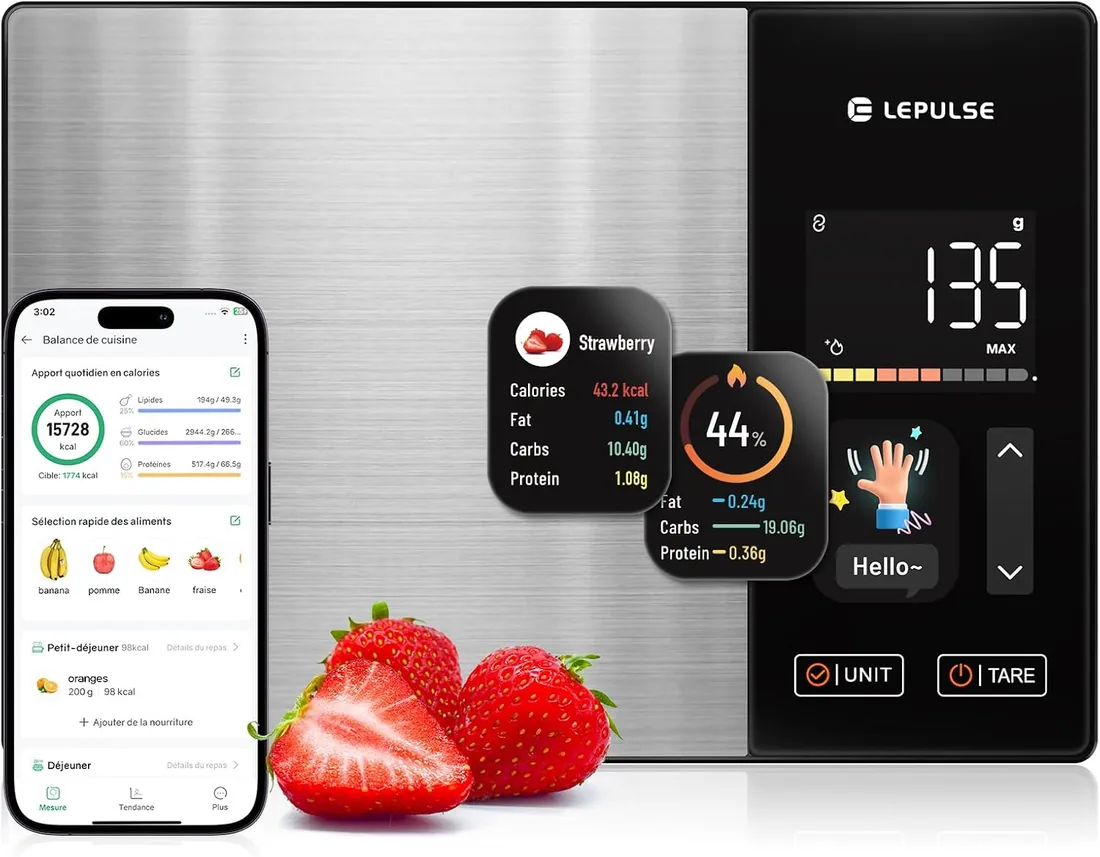 Lepulse Báscula Cocina, 24 Nutrientes, Pantalla TFT Color, 50 Offline scale | Bascula Cocina Digital de Acero Inoxidable con Cálculo Nutricional, Análisis de Nutrientes, Función sin Conexión (Offline)