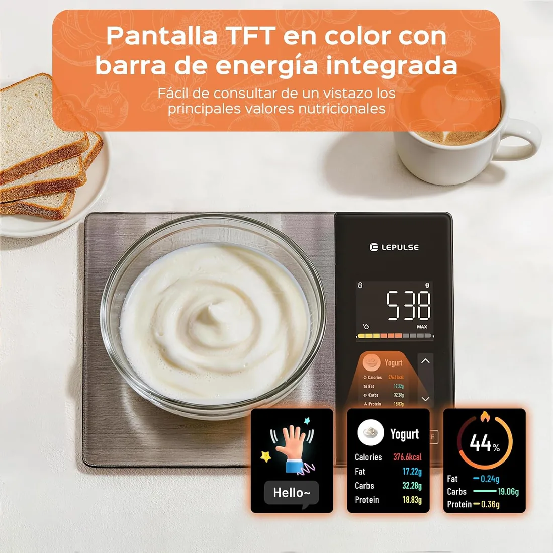 Lepulse Báscula Cocina, 24 Nutrientes, Pantalla TFT Color, 50 Offline scale | Bascula Cocina Digital de Acero Inoxidable con Cálculo Nutricional, Análisis de Nutrientes, Función sin Conexión (Offline) foto 3