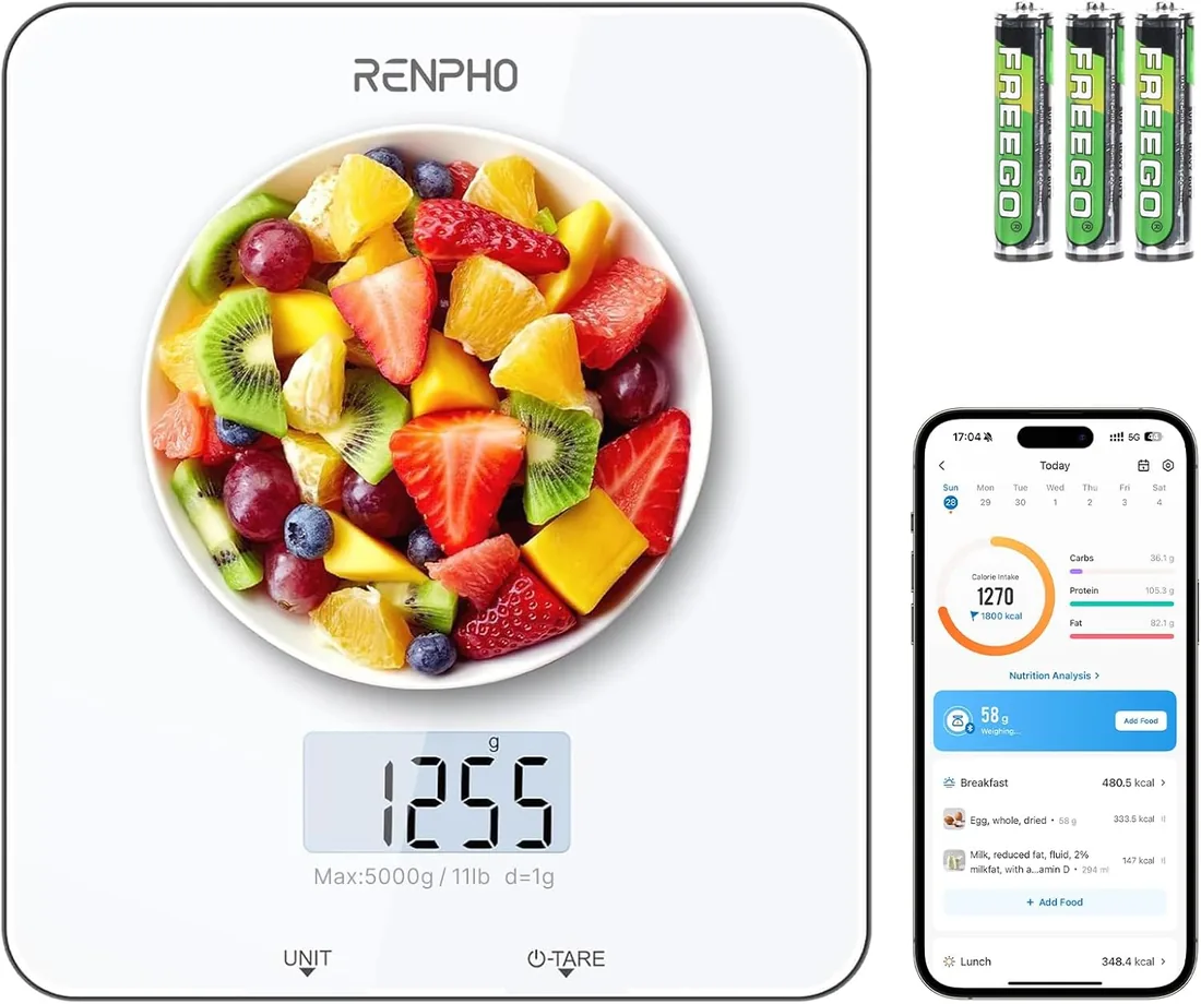 RENPHO Bascula Cocina Inteligente con App Calculadora Nutricional, 5kg | Bascula Comida Alta Precisión 1g, Función Tara para Hornear y Cocinar, Pilas Incluidas, 5 Units, g/ ml/ oz/ lb:oz/ fl'oz