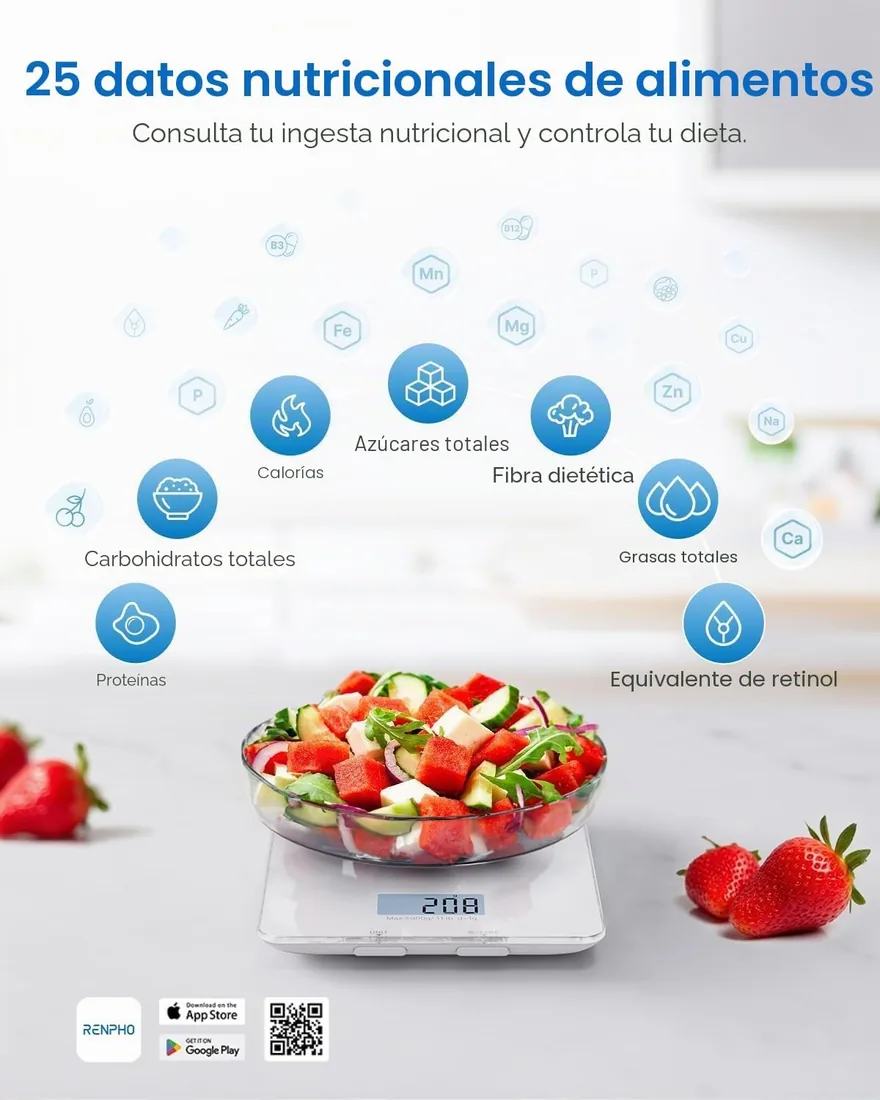 RENPHO Bascula Cocina Inteligente con App Calculadora Nutricional, 5kg | Bascula Comida Alta Precisión 1g, Función Tara para Hornear y Cocinar, Pilas Incluidas, 5 Units, g/ ml/ oz/ lb:oz/ fl'oz foto 2