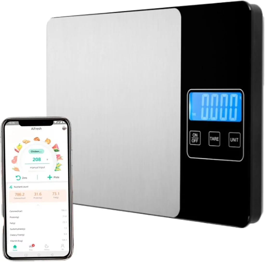 Smartia – Báscula de cocina inteligente, Modelo 2026 con APP incluida, Báscula digital hasta 15 kilos, Registro de dietas y calorías con la APP, acero inoxidable, Peso de cocina de precisión de 1g