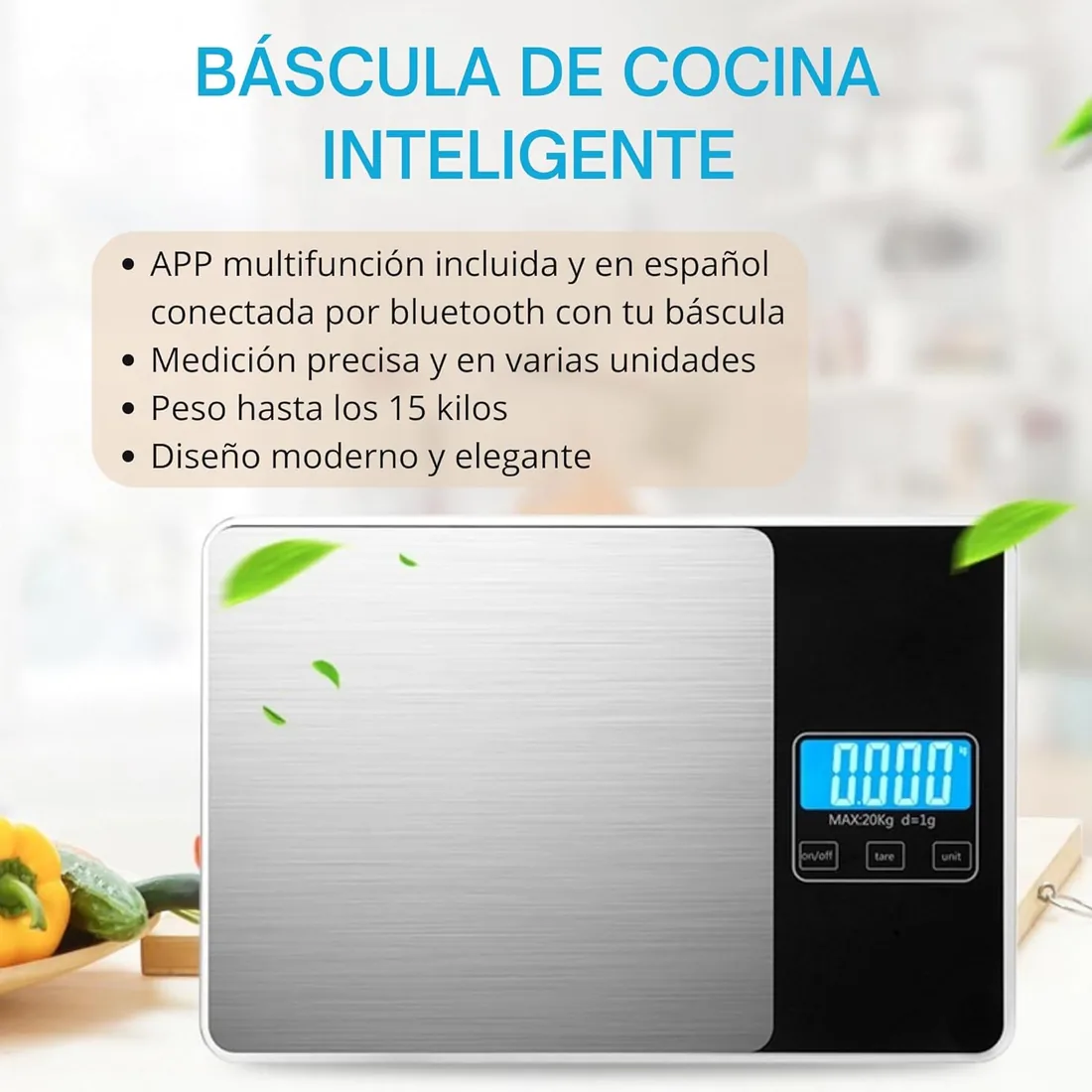 Smartia – Báscula de cocina inteligente, Modelo 2026 con APP incluida, Báscula digital hasta 15 kilos, Registro de dietas y calorías con la APP, acero inoxidable, Peso de cocina de precisión de 1g foto 2