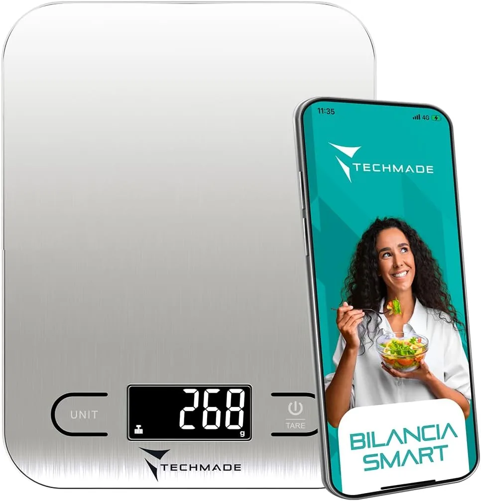 Techmade - Báscula de Cocina Digital | Precisión hasta 5000g | Calculadora Nutricional con App | Función Tara | Acero Inoxidable, Silvet