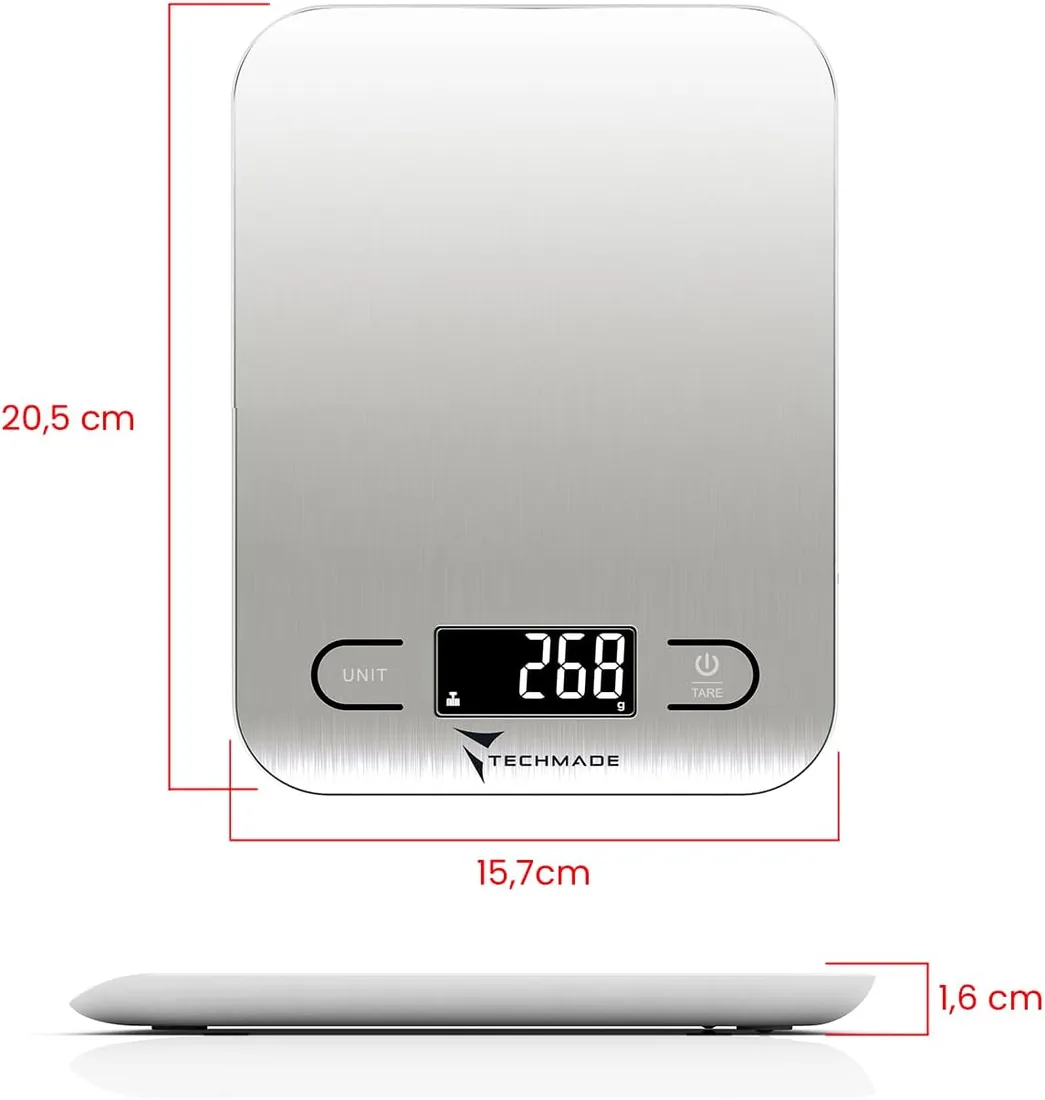 Techmade - Báscula de Cocina Digital | Precisión hasta 5000g | Calculadora Nutricional con App | Función Tara | Acero Inoxidable, Silvet foto 3