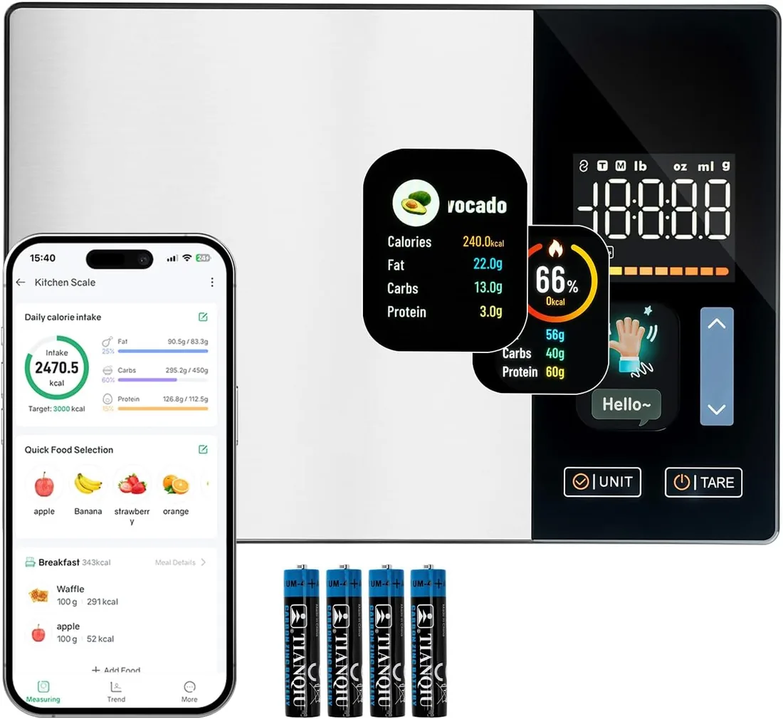 Wigearss Báscula de Cocina, Alta Precisión 5 kg/1 g, Báscula Nutricional Inteligente con Pantalla TFT, Cálculo de Calorías, Proteínas, Grasas y Carbohidratos, Aplicación Móvil para iOS y Android, Blue
