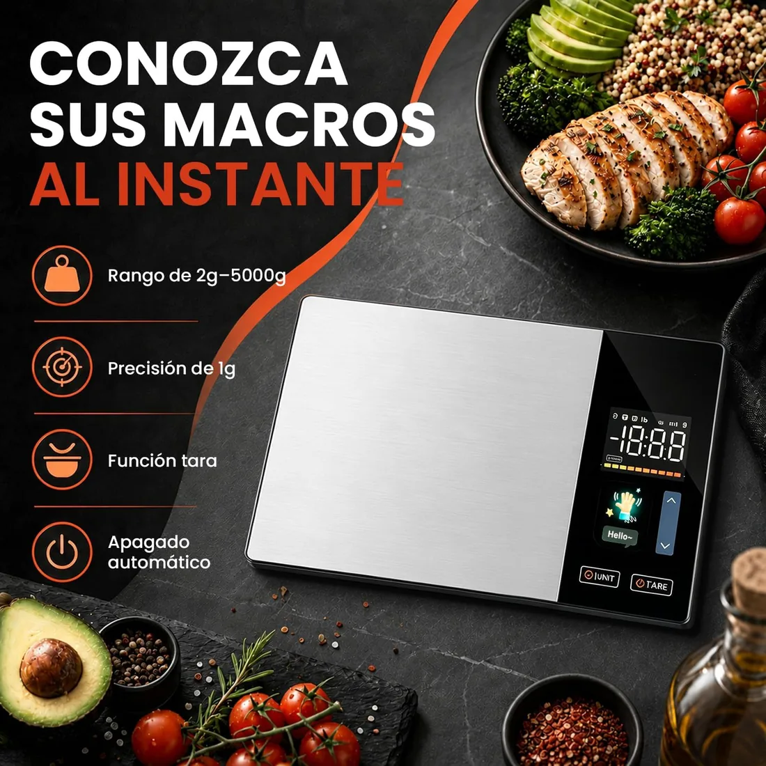 Wigearss Báscula de Cocina, Alta Precisión 5 kg/1 g, Báscula Nutricional Inteligente con Pantalla TFT, Cálculo de Calorías, Proteínas, Grasas y Carbohidratos, Aplicación Móvil para iOS y Android, Blue foto 2