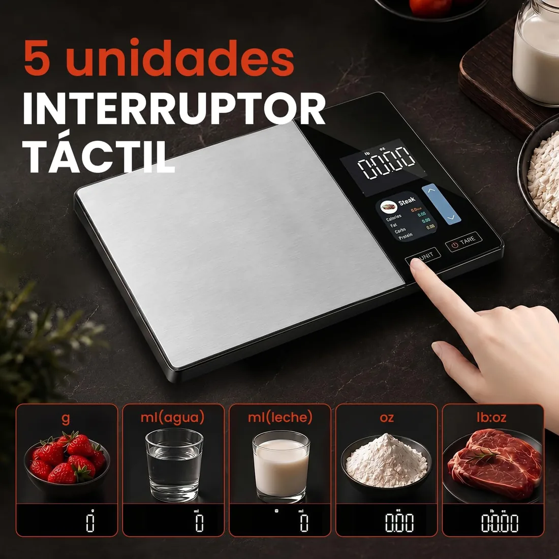 Wigearss Báscula de Cocina, Alta Precisión 5 kg/1 g, Báscula Nutricional Inteligente con Pantalla TFT, Cálculo de Calorías, Proteínas, Grasas y Carbohidratos, Aplicación Móvil para iOS y Android, Blue foto 3