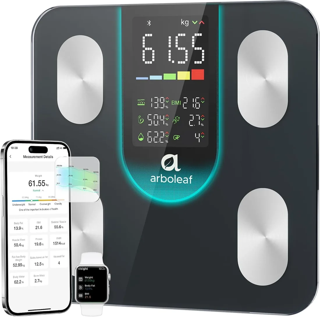 arboleaf Báscula de Baño Inteligente, Balanza peso Corporal con App, Negro | Bascula Grasa Corporal y Muscular, Pantalla Grande, BIA de 4 electrodos, Seguimiento y Análisis 14 Métricas, Hasta 180KG