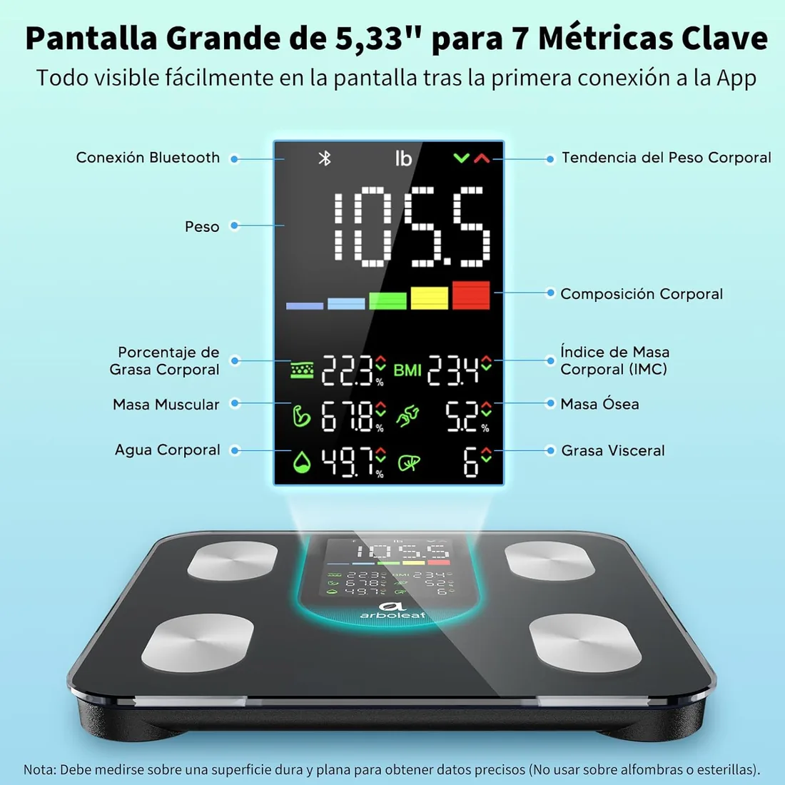 arboleaf Báscula de Baño Inteligente, Balanza peso Corporal con App, Negro | Bascula Grasa Corporal y Muscular, Pantalla Grande, BIA de 4 electrodos, Seguimiento y Análisis 14 Métricas, Hasta 180KG foto 2