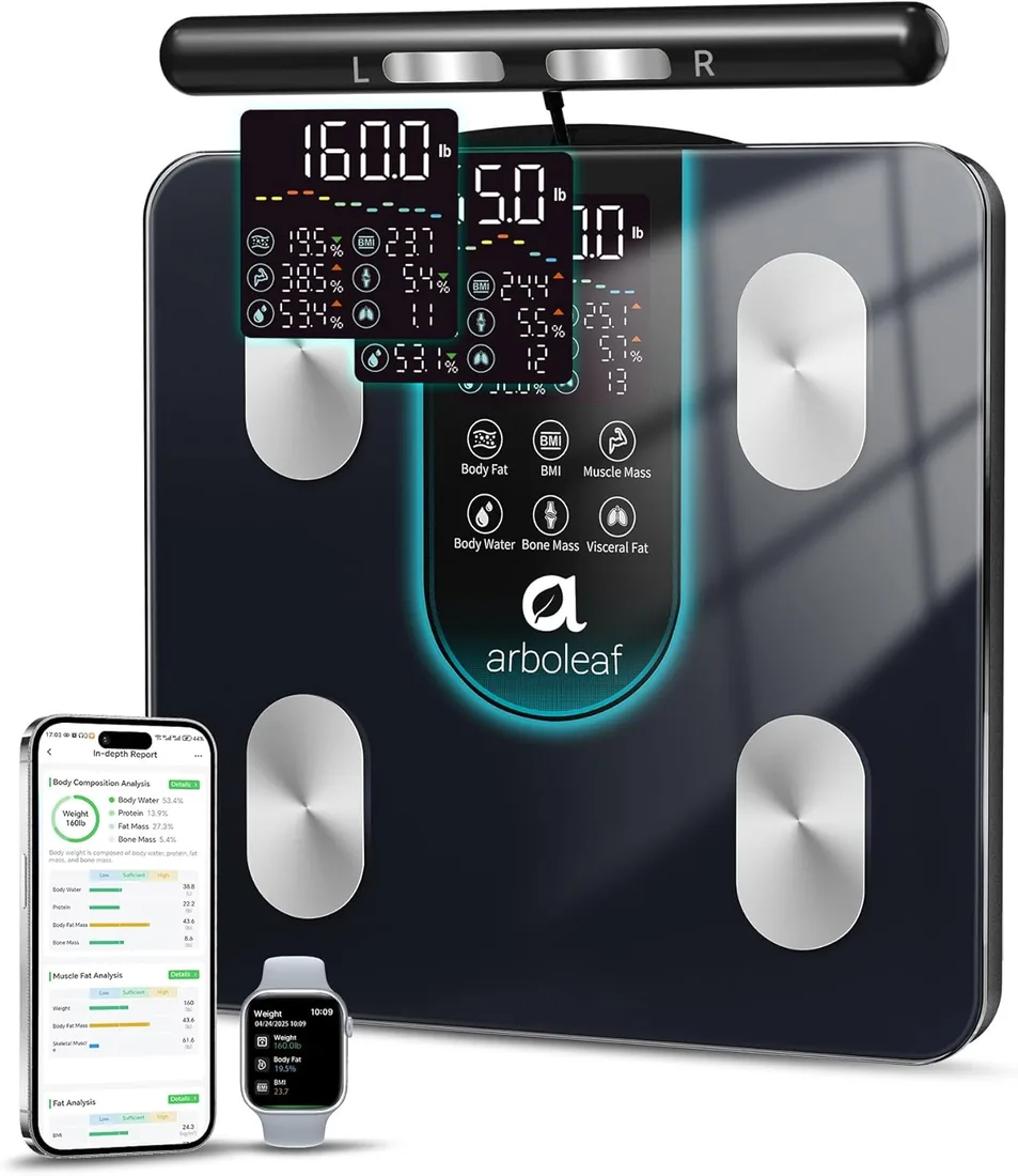 arboleaf Báscula Inteligente Bioimpedancia de 8 Electrodos, Bascula Grasa Corporal y Muscular con Bluetooth & APP, Balanza peso Corporal con Pantalla Grande, 50 Métricas, Alta Precisión, Hasta 180 KG
