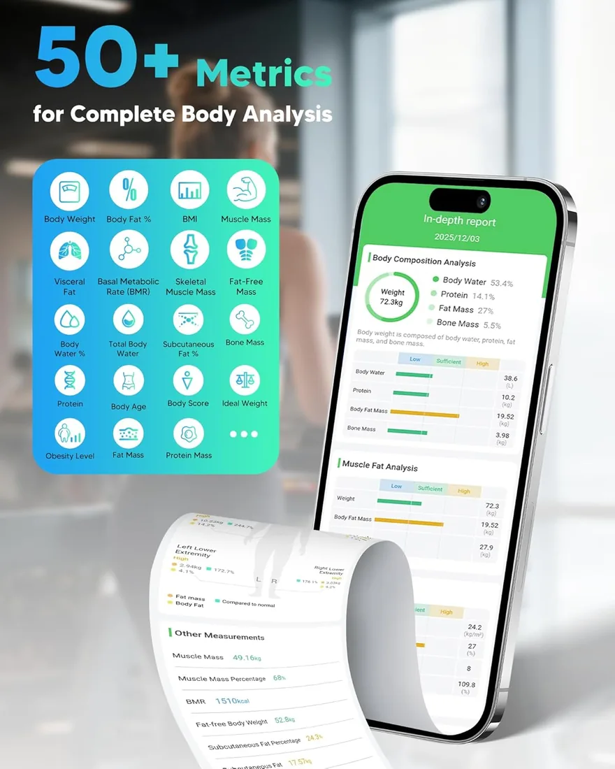 arboleaf Báscula Inteligente Bioimpedancia de 8 Electrodos, Bascula Grasa Corporal y Muscular con Bluetooth & APP, Balanza peso Corporal con Pantalla Grande, 50 Métricas, Alta Precisión, Hasta 180 KG foto 2