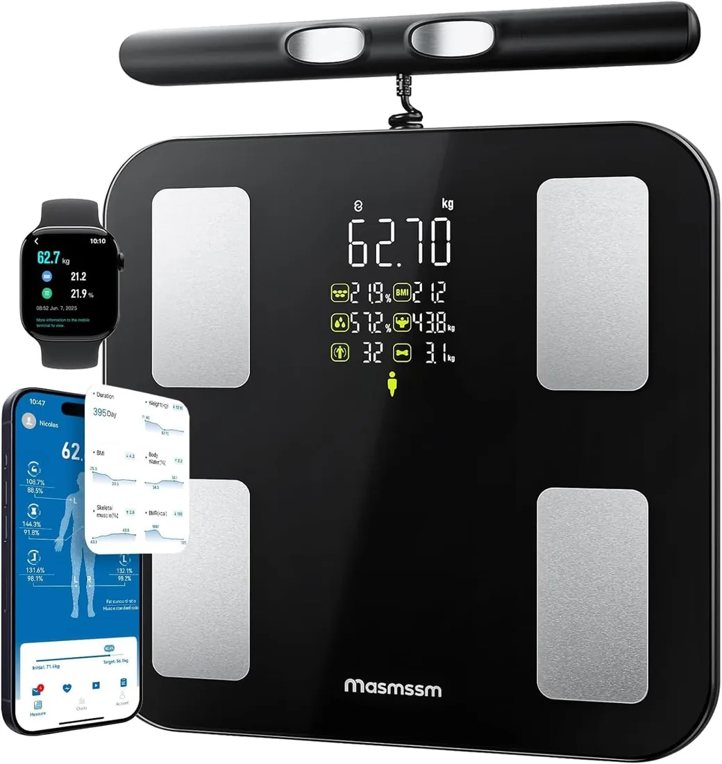 Báscula de Baño Digital 8 Electrodos, Báscula Grasa Corporal Inteligente con Gran Pantalla VA, 28 Métricas, Análisis Corporal BIA Doble Frecuencia, Compatible iOS y Android, 30*30cm, Máx. 180kg/400lb