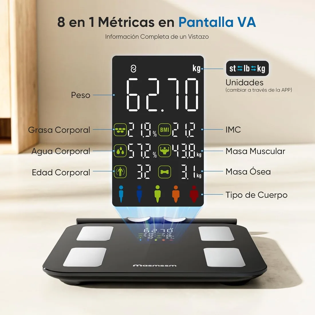 Báscula de Baño Digital 8 Electrodos, Báscula Grasa Corporal Inteligente con Gran Pantalla VA, 28 Métricas, Análisis Corporal BIA Doble Frecuencia, Compatible iOS y Android, 30*30cm, Máx. 180kg/400lb foto 2