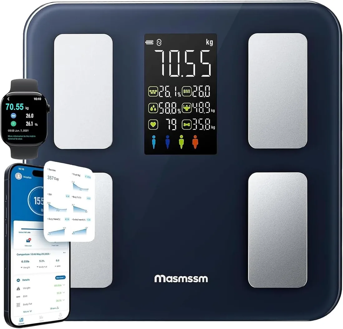 Báscula de Baño Digital, Báscula Grasa Corporal y Muscular con Gran Pantalla, 22 Métricas con IMC, Ritmo Cardíaco, Compatible con iOS y Android