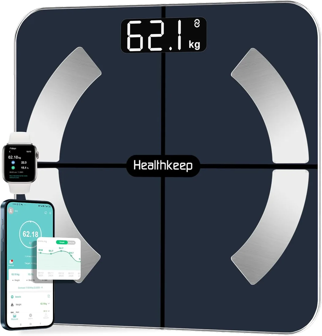 Báscula Grasa Corporal Báscula de Baño Wireless Báscula Baño Digital Analizar Más de 13 Funciones, Monitores de Composición Corporal Máximo 180kg para Andriod y ios, Vidrio templado, Negro