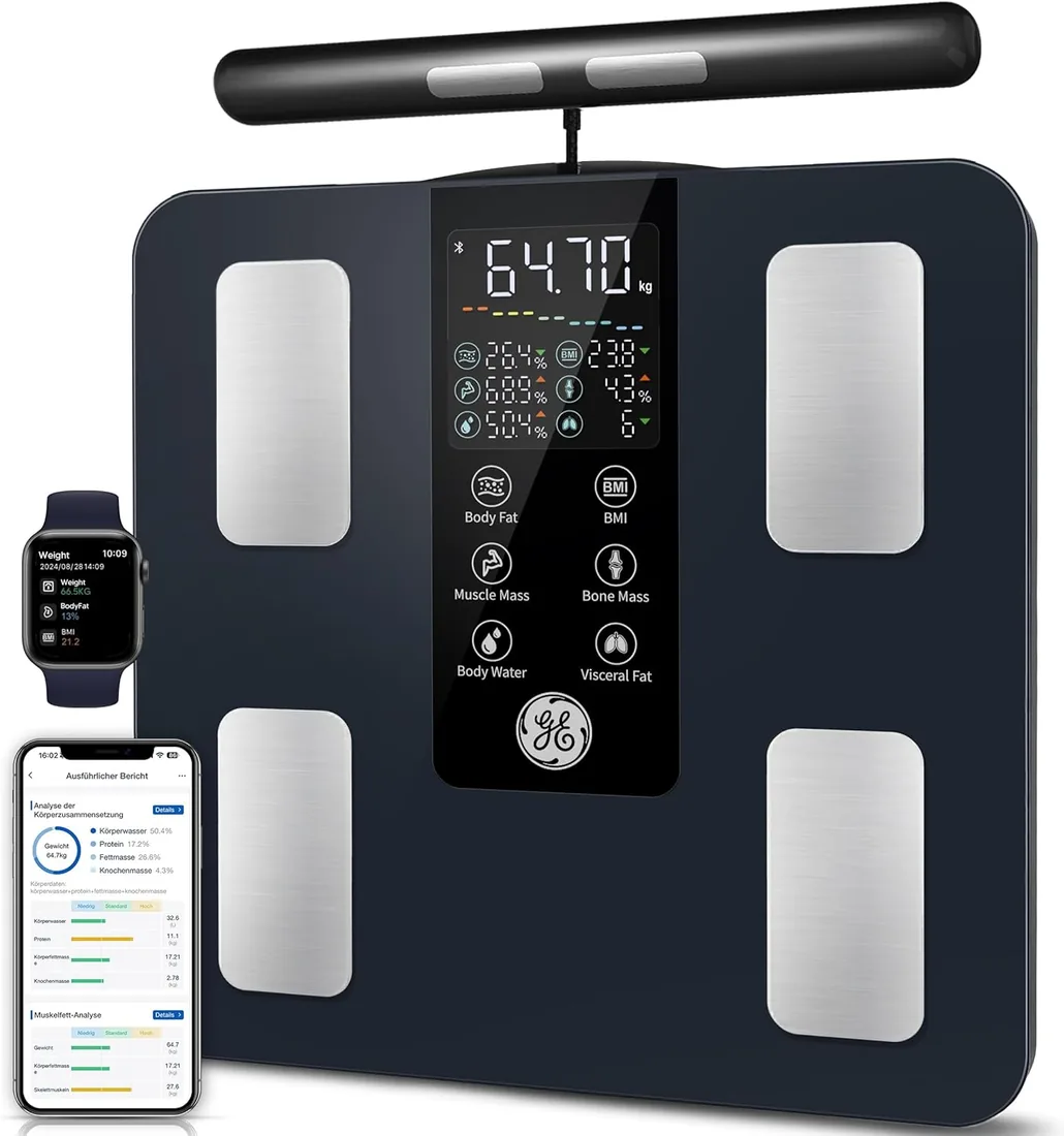 GE Bascula Bioimpedancia, 50 Medidas Diferentes 180kg | Bascula Grasa Corporal y Muscular 8 Electrodos Alta Precisión
