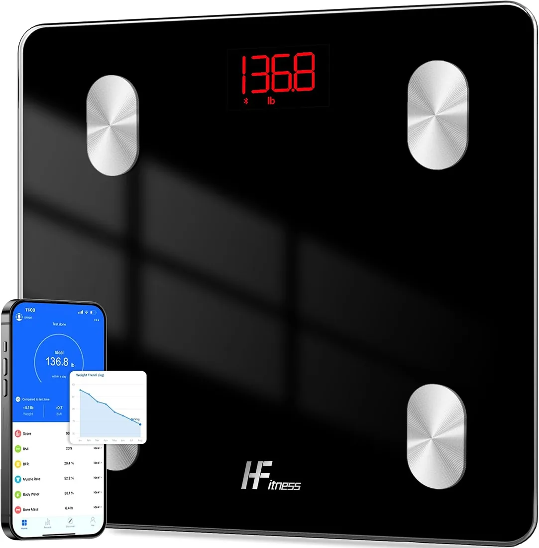 HomeFashion HFitness Báscula de Baño Inteligente con 19 Mediciones Corporales, Báscula Digital de Grasa Corporal Bluetooth con App, IMC, Peso, Masa Muscular y Masa Ósea negra