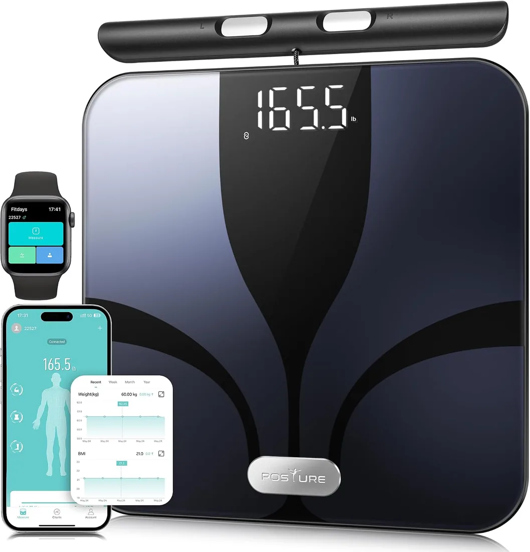 Posture Báscula de Baño Inteligente 8 Electrodos, Báscula Grasa Corporal y Muscular con 28 Indicadores (IMC/Grasa/Proteínas/Músculo) y App Bluetooth, Función de Voz, 180 kg