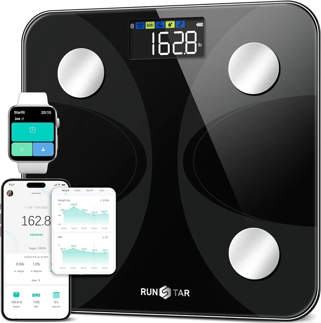 Runstar Báscula de Baño Digital Inteligente con App hasta 180kg | Análisis de 13 Composición Corporal (Grasa, Músculo, IMC, Agua) y Alta Precisión para Hombres y Mujeres