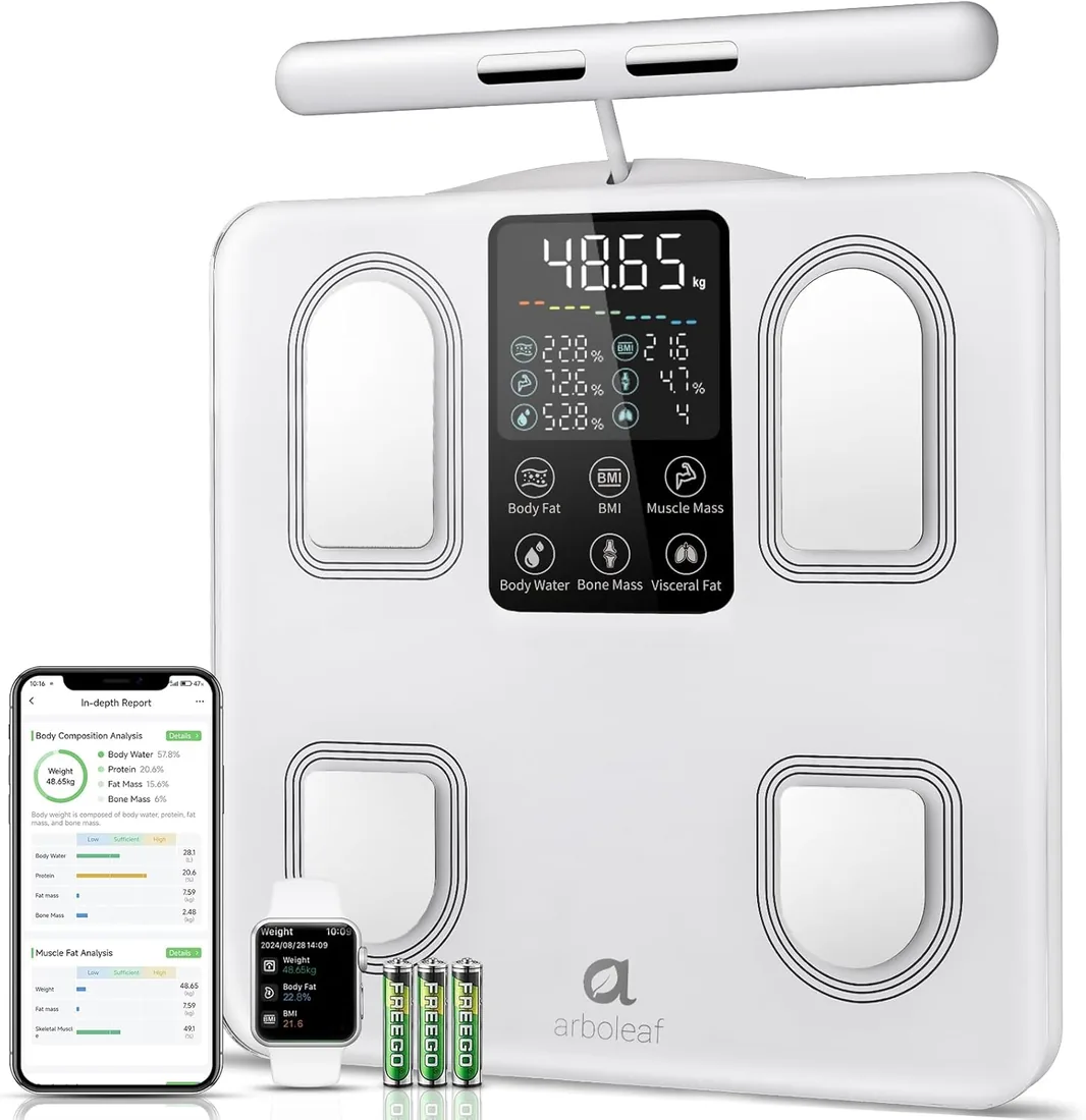 arboleaf Bascula Inteligente de Peso Corporal con 8 Electrodos y Gran Pantalla LED, Báscula Grasa Corporal y Muscular Analiza 50 Métricas, Bascula de Baño Bioimpedancia con Bluetooth y APP, 310x310 mm