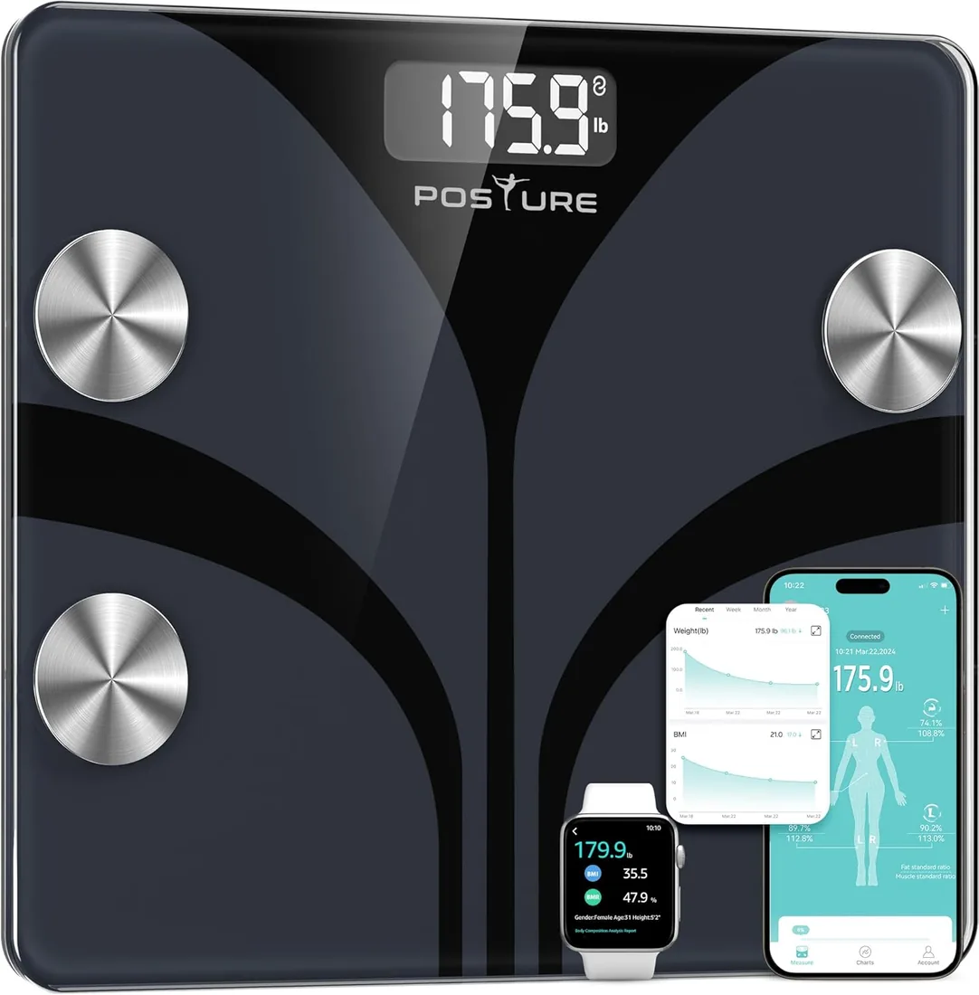 Báscula de Baño Digital Inteligente con Sincronización en App - 13 Indicadores de Composición Corporal Grasa Músculo IMC Agua Alta Precisión hasta 180 kg, Báscula de Fitness para Hombre y Mujer
