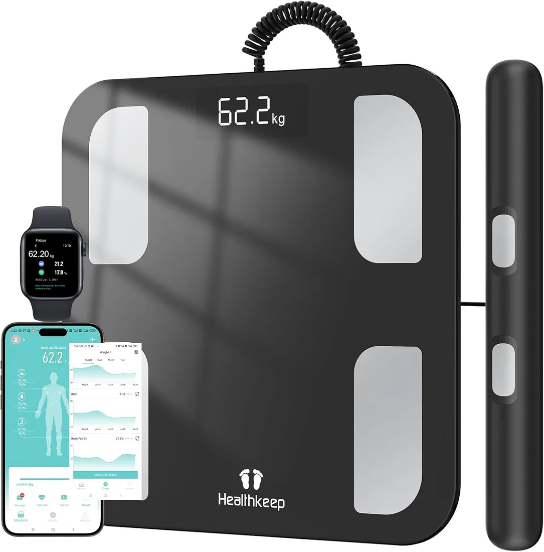 Báscula Grasa Corporal Báscula de Baño Báscula Inteligente Monitor de Composición Corporal, 18 Mediciones Esenciales, Pantalla LED, Diseño de Esquina Redonda, para Andriod y iOS, 180kg…