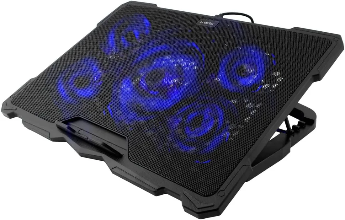 CoolBox Base Refrigeradora Portátil hasta 17.3", con 5 Ventiladores Silenciosos LED con Regulador de Velocidad, Atril Ajustable de 4 Posiciones, Cable USB 60cm. Color Negro