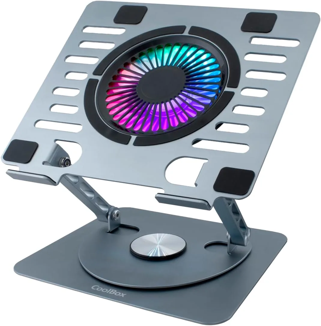 CoolBox CoolAir - Soporte Portatil con Ventilador Silencioso RGB de 11cm, Base Ajustable en Altura y Giro 360º, Refrigerador Portátil con Velocidad Ajustable, Tablets/Portátiles hasta 17.3". Aluminio foto 2