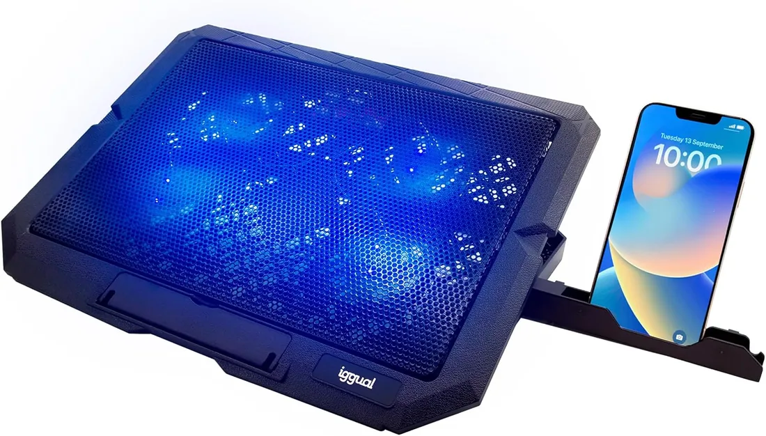 iggual – Base Refrigeradora Portátil de hasta 17” con 4 Ventiladores Silenciosos y Soporte para Móvil, Base Ajustable con 7 Alturas y Luz LED Azul, Incluye Cable USB-A (RP4V17) foto 3