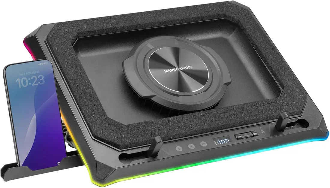 Mars Gaming MNBC-Ultra, Base Refrigeradora y Stand, Ventilador 140mm, Tecnología CoolCore Airflow, RGB Chroma, 5 Posiciones, Compatibilidad Portátiles hasta 18”, Soporte Smartphone, 4X USB-A, Negro
