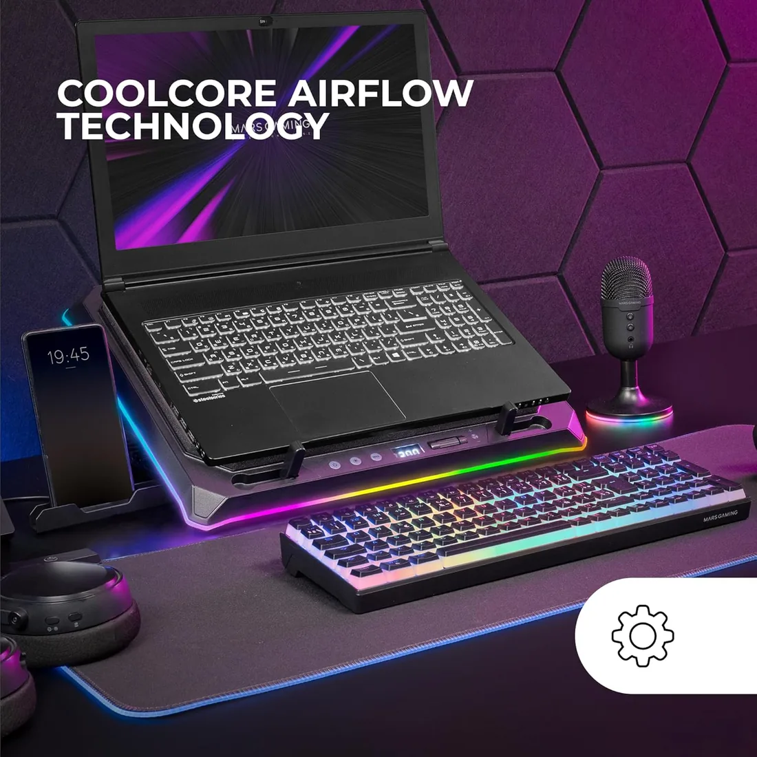 Mars Gaming MNBC-Ultra, Base Refrigeradora y Stand, Ventilador 140mm, Tecnología CoolCore Airflow, RGB Chroma, 5 Posiciones, Compatibilidad Portátiles hasta 18”, Soporte Smartphone, 4X USB-A, Negro foto 2