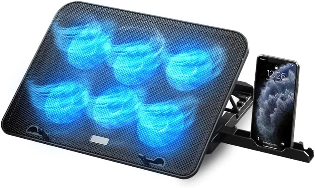 NK Base Refrigeradora Portátil - Ventilador Ordenador Portatil de 12-17" con Soporte Ajustable 5 Alturas, 6 Ventiladores Silenciosos, 2 Puertos USB, Refrigeración Rápida, Luz LED Azul - Color Negro