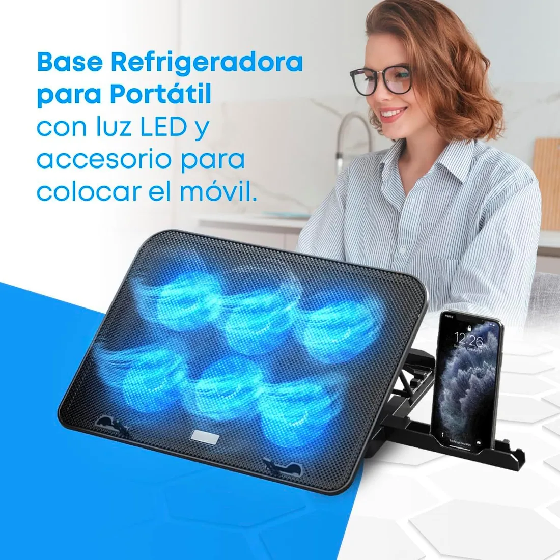 NK Base Refrigeradora Portátil - Ventilador Ordenador Portatil de 12-17" con Soporte Ajustable 5 Alturas, 6 Ventiladores Silenciosos, 2 Puertos USB, Refrigeración Rápida, Luz LED Azul - Color Negro foto 2