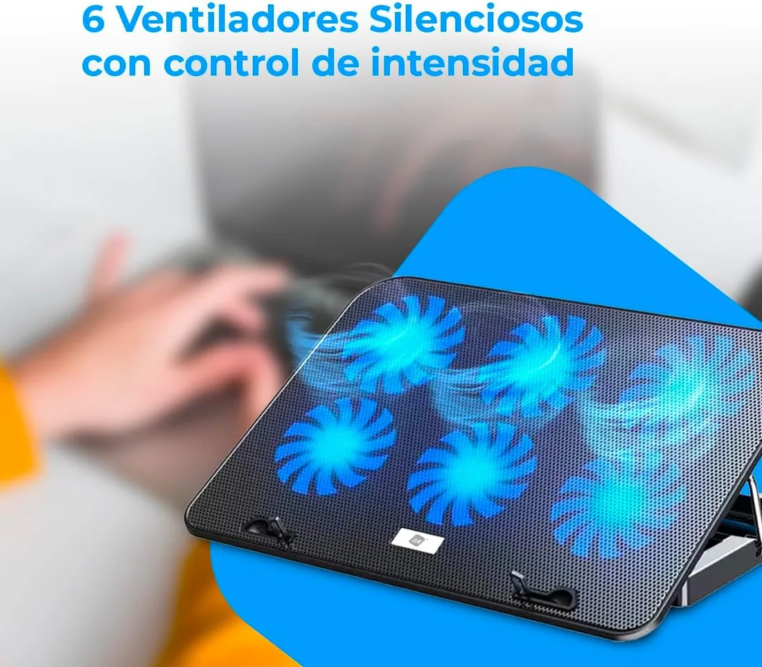NK Base Refrigeradora Portátil - Ventilador Ordenador Portatil de 12-17" con Soporte Ajustable 5 Alturas, 6 Ventiladores Silenciosos, 2 Puertos USB, Refrigeración Rápida, Luz LED Azul - Color Negro foto 3