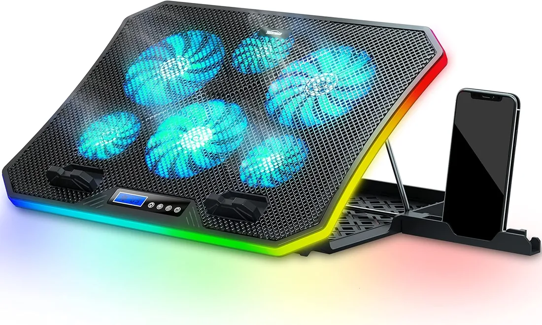 TopMate C12 Base Refrigeradora Portatil Gaming RGB para Escritorio y Regazo | Refrigeración para Portátiles de 15,6-17,3", 8 Alturas Ajustables con 6 Ventiladores y Soporte Teléfono-Luz LED Azul Hielo