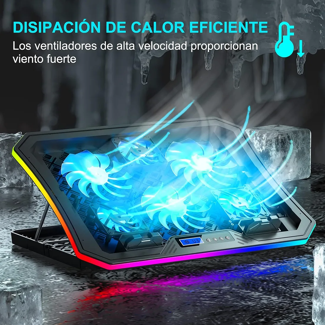 TopMate C12 Base Refrigeradora Portatil Gaming RGB para Escritorio y Regazo | Refrigeración para Portátiles de 15,6-17,3", 8 Alturas Ajustables con 6 Ventiladores y Soporte Teléfono-Luz LED Azul Hielo foto 2