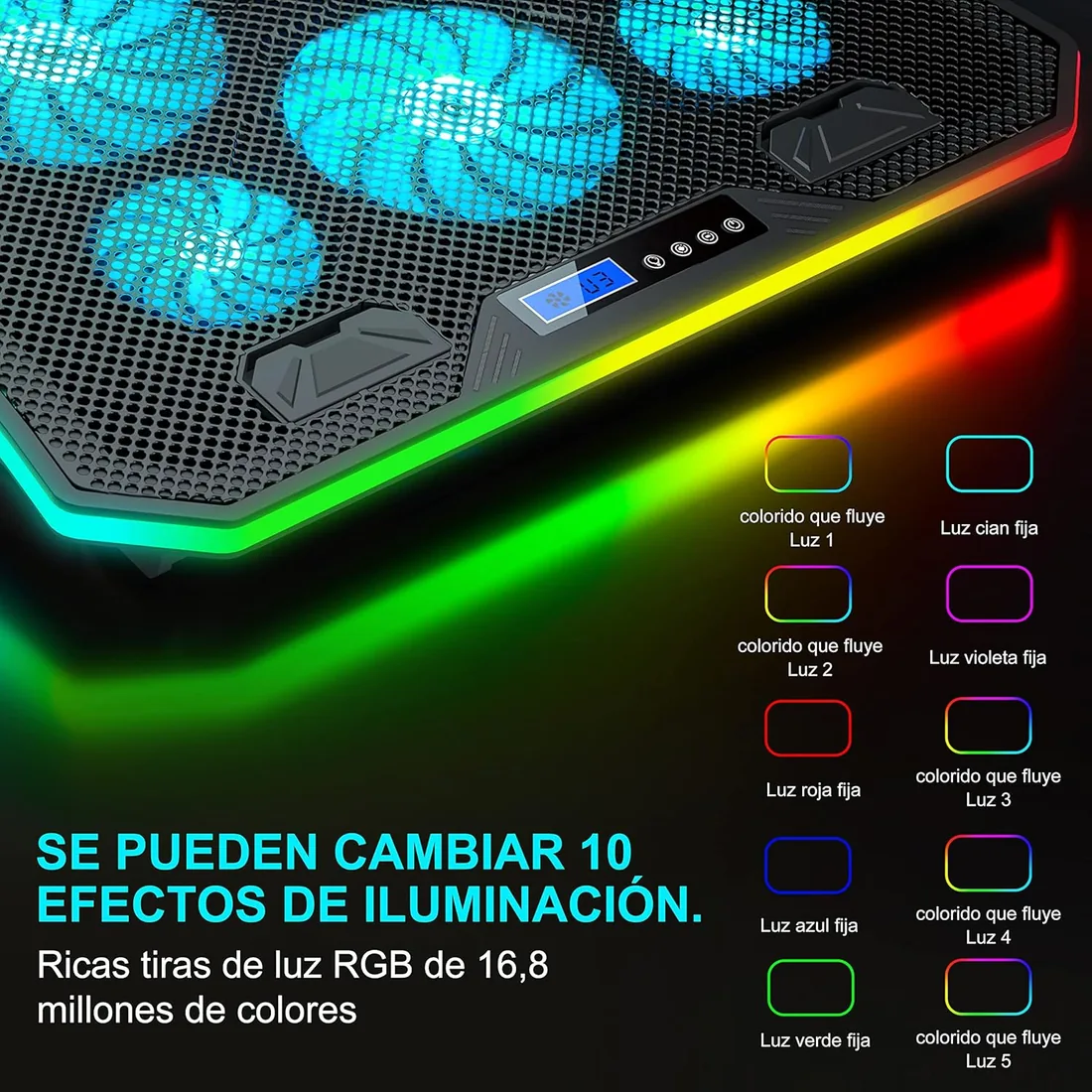 TopMate C12 Base Refrigeradora Portatil Gaming RGB para Escritorio y Regazo | Refrigeración para Portátiles de 15,6-17,3", 8 Alturas Ajustables con 6 Ventiladores y Soporte Teléfono-Luz LED Azul Hielo foto 3