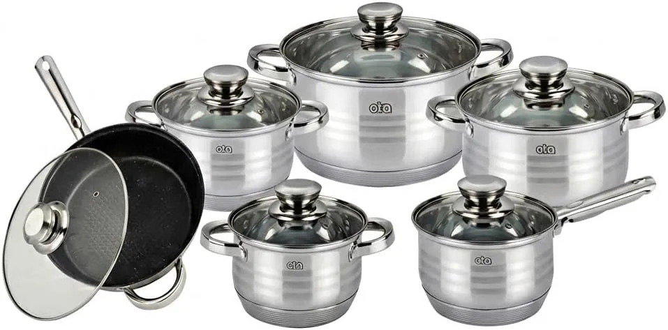 Batería de Cocina 12 Piezas Acero Inoxidable con Tapas de Vidrio, Sartén con Revestimiento de Mármol, Apta para Todo Tipo de Cocinas