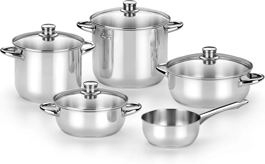 MONIX Optima Batería de 9 Piezas, Acero Inox, Apta para Todo Tipo de Cocina e Inducción, 18/10