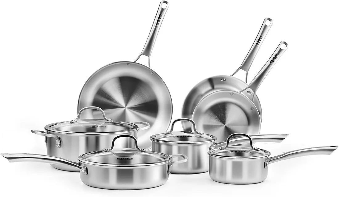 ROVSUN Batería de Cocina Acero Inoxidable, Juego de 11 Piezas | Ø16/18/20/24/26/28 cm, Cuerpo Tricapa, 4 Sartenes 2 Cazos 1 Olla y 4 Tapas, Apta para Inducción, Gas, Vitrocerámica y Horno