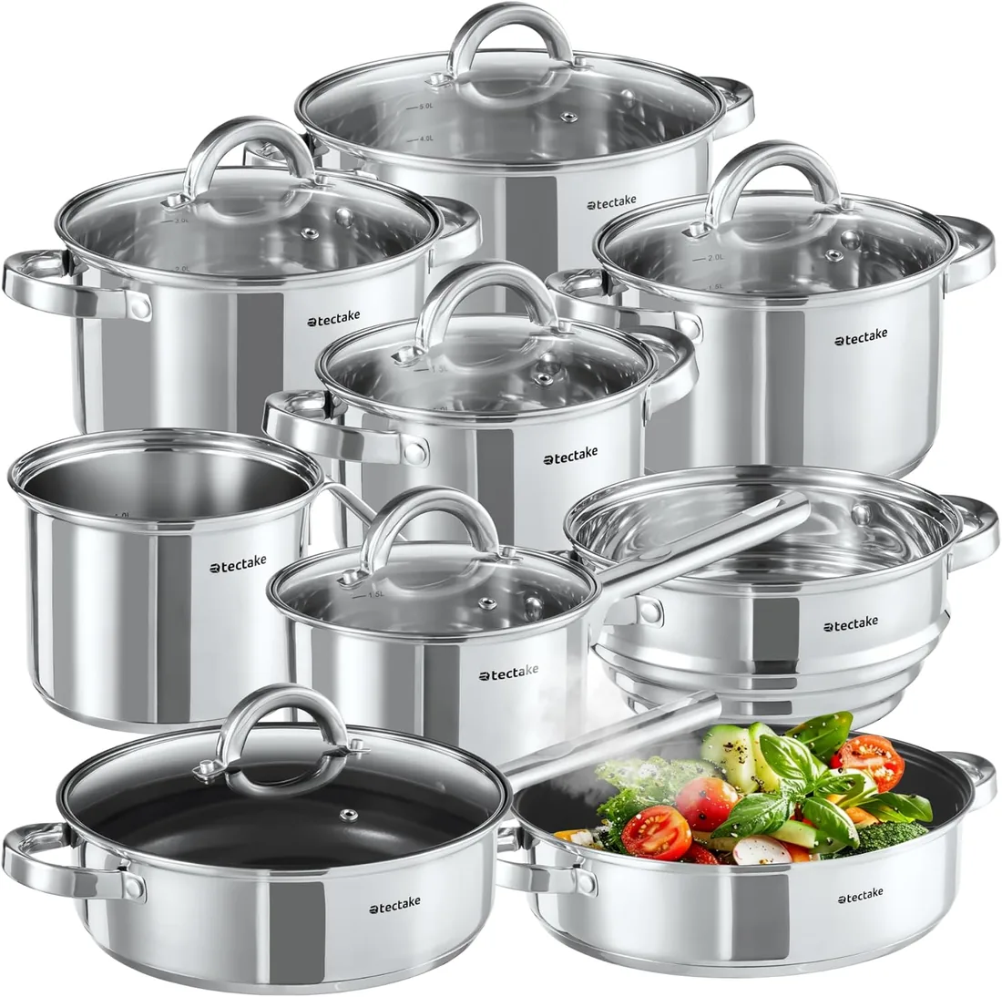 tectake® Batería de Cocina, 15 Piezas, Juego de Ollas y Sartenes con Tapas, Acero Inoxidable, Antiadherente, Apto para Inducción, Gas y Eléctrico, Fácil Limpieza, Ideal para Cocina y Lavavajillas
