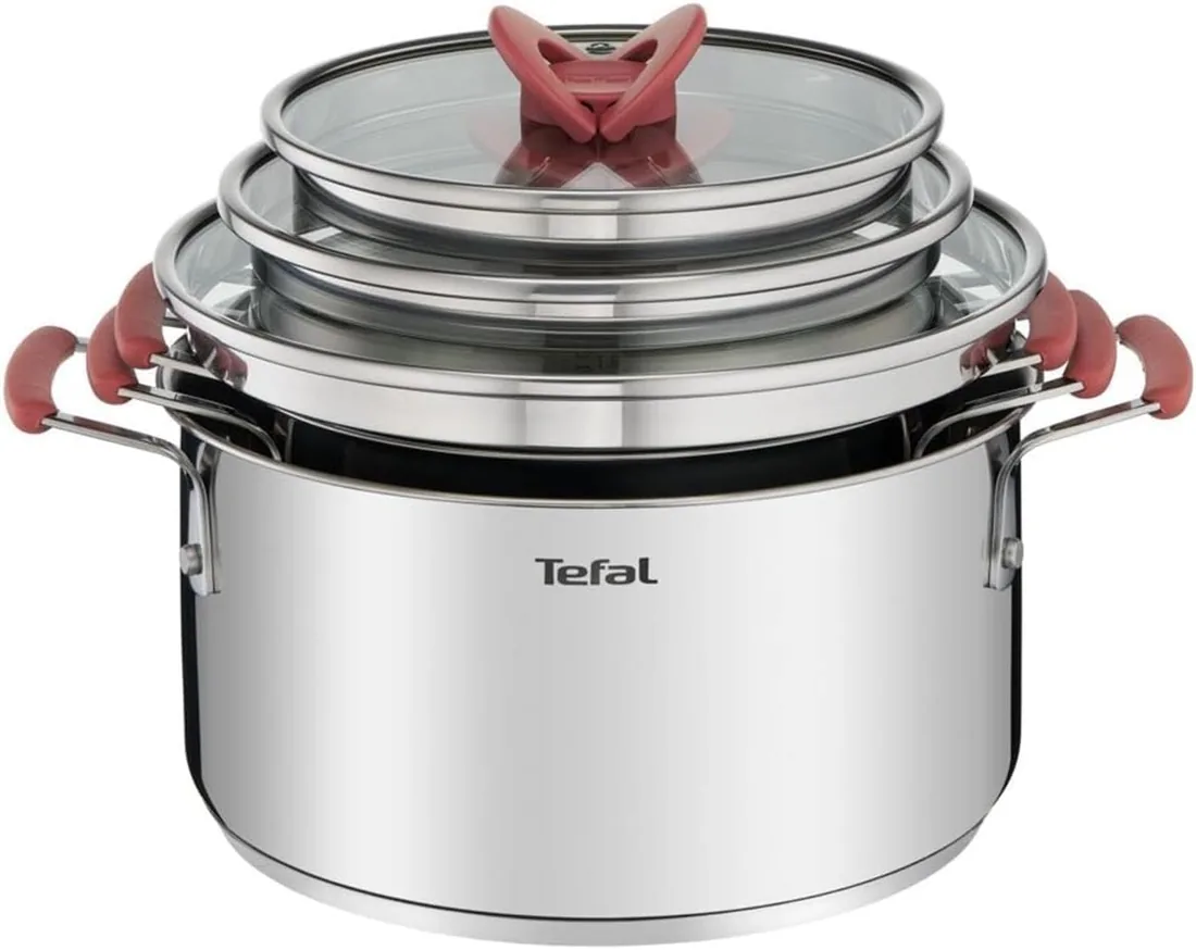 Tefal Optispace - Juego de 3 Ollas + 3 Accesorios, Acero inoxidable | 3 Ollas 18/20/24 cm + 3 Tapas, Revestimiento antiadherente, Diseño apilable, Thermo-Spot, Apto inducción