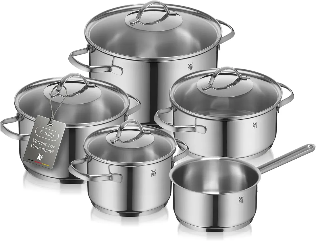 WMF Provence Plus - Batería de Cocina 9 Piezas, Acero Inoxidable Apto para Inducción, 1 Cacerola Baja de 20 cm, 3 Cacerolas Altas de 16 cm, 20 cm y 24 cm, 1 Cazo 16 cm con 4 Tapas de Cristal