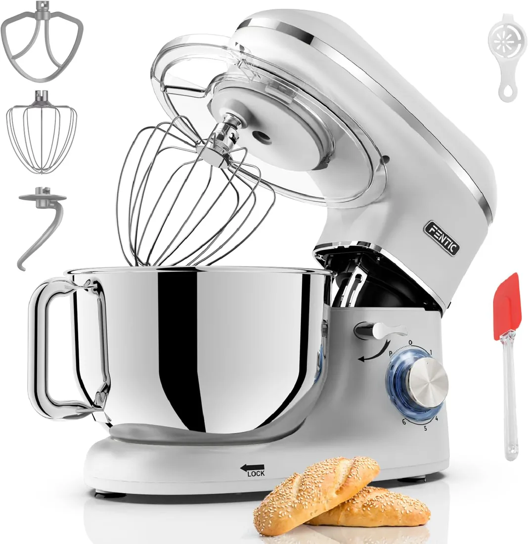 Batidora Amasadora - 2000W - Con Bol 6.2L para Hornear - Robot da Cocina con Batidor, gancho amasador y gancho para mezclar - Incluye Cubierta protectora y accesorios adicionales (Plata)