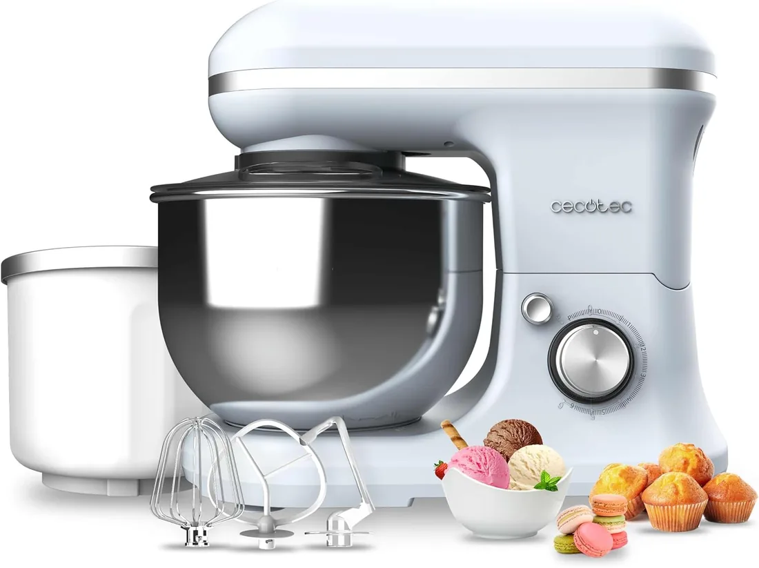 Cecotec Batidora Amasadora Cecomixer Merengue 5L 1200 Ice-Cream Azul, 1200 W, 5 Función y Hielo, Bol de Acero de 5 L y Accesorios para Batir y Amasar, Incluye Función para Hacer Helado