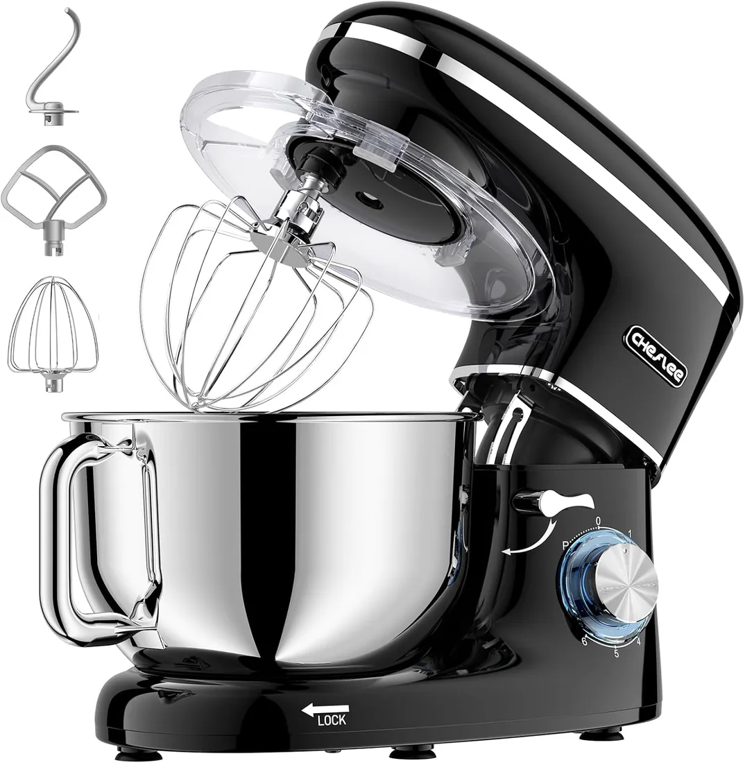 CHeflee Batidora Amasadora Profesional,2000W Amasadora Pan Repostería,6.2 L Bajo Ruido Robot de Cocina Multifunción,Gancho para Masa,Batidor Plano,Protección para Salpicaduras 6 Velocidades Batidora