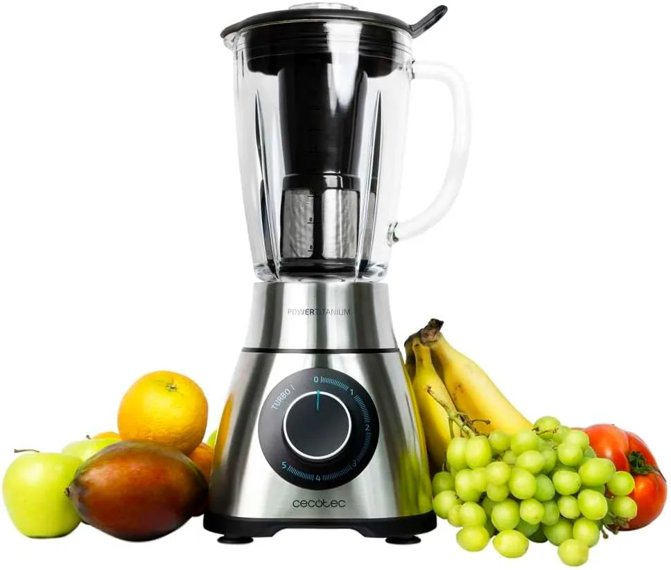 Cecotec Batidora de Vaso Power Black Titanium 2000MAX PerfectMix. 2000W Máxima Potencia, Cuchilla con Recubrimiento de Titanio Negro, 1,8L, Filtro para Licuados, Acabados en Acero Inox